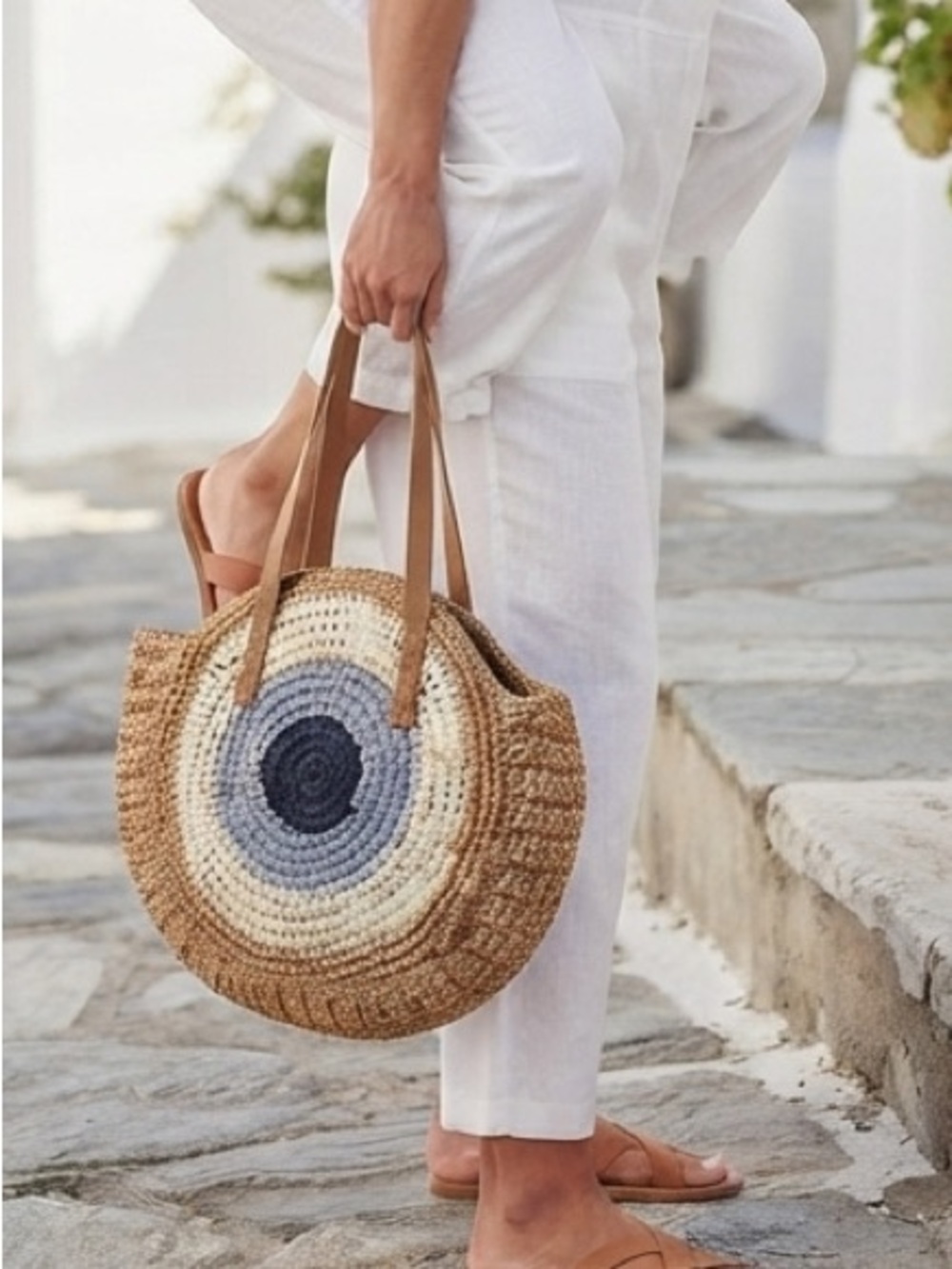 Round Woven Straw Tote with Blue and Cream Concentric Accents